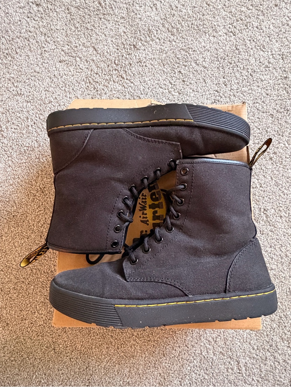 Doc Martens Cairo Black Canvas Lace-Up Combat Boots with Yellow Stitching